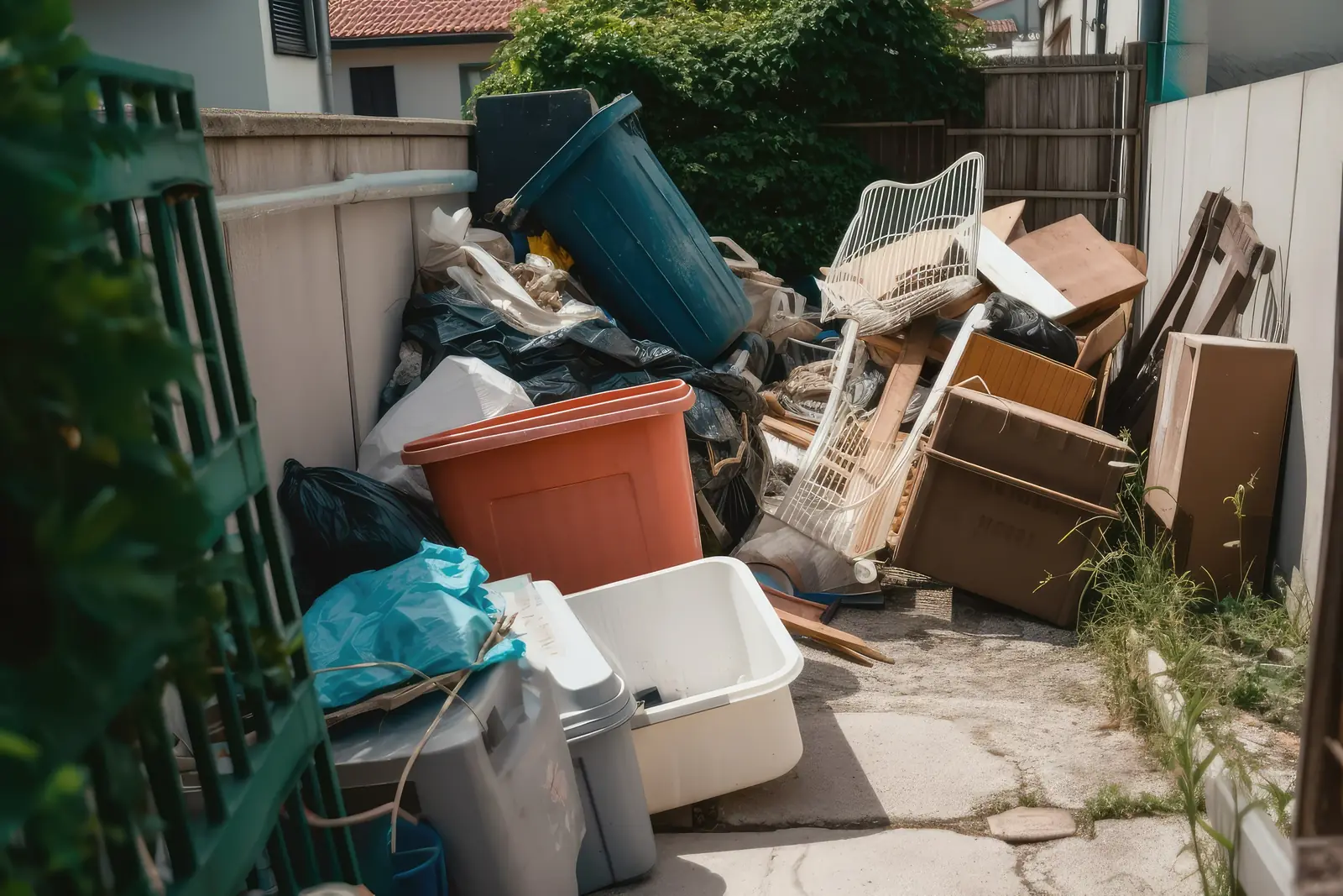 Backyard piled high with bins, bags, broken furniture and cardboard